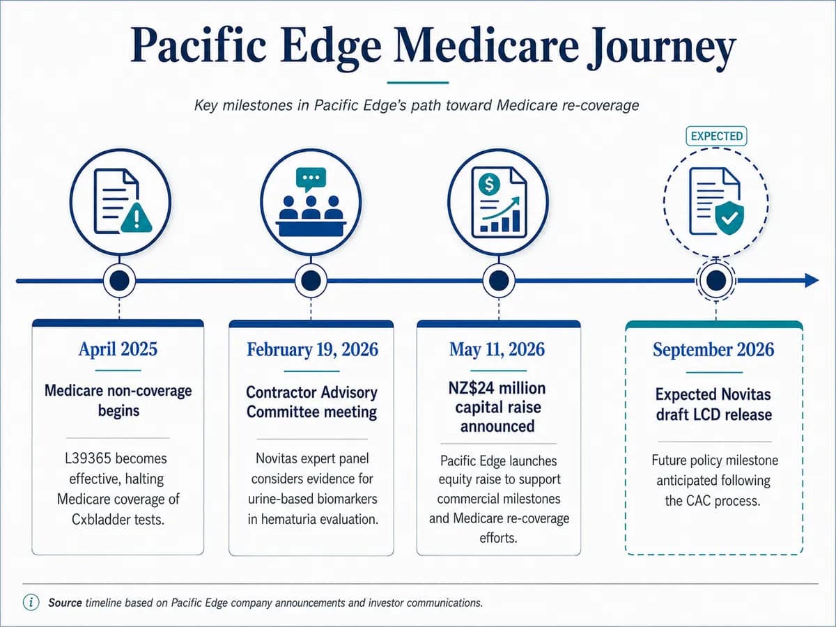 A detailed horizontal timeline diagram illustrating the Pacific Edge Limited Medicare journey.
