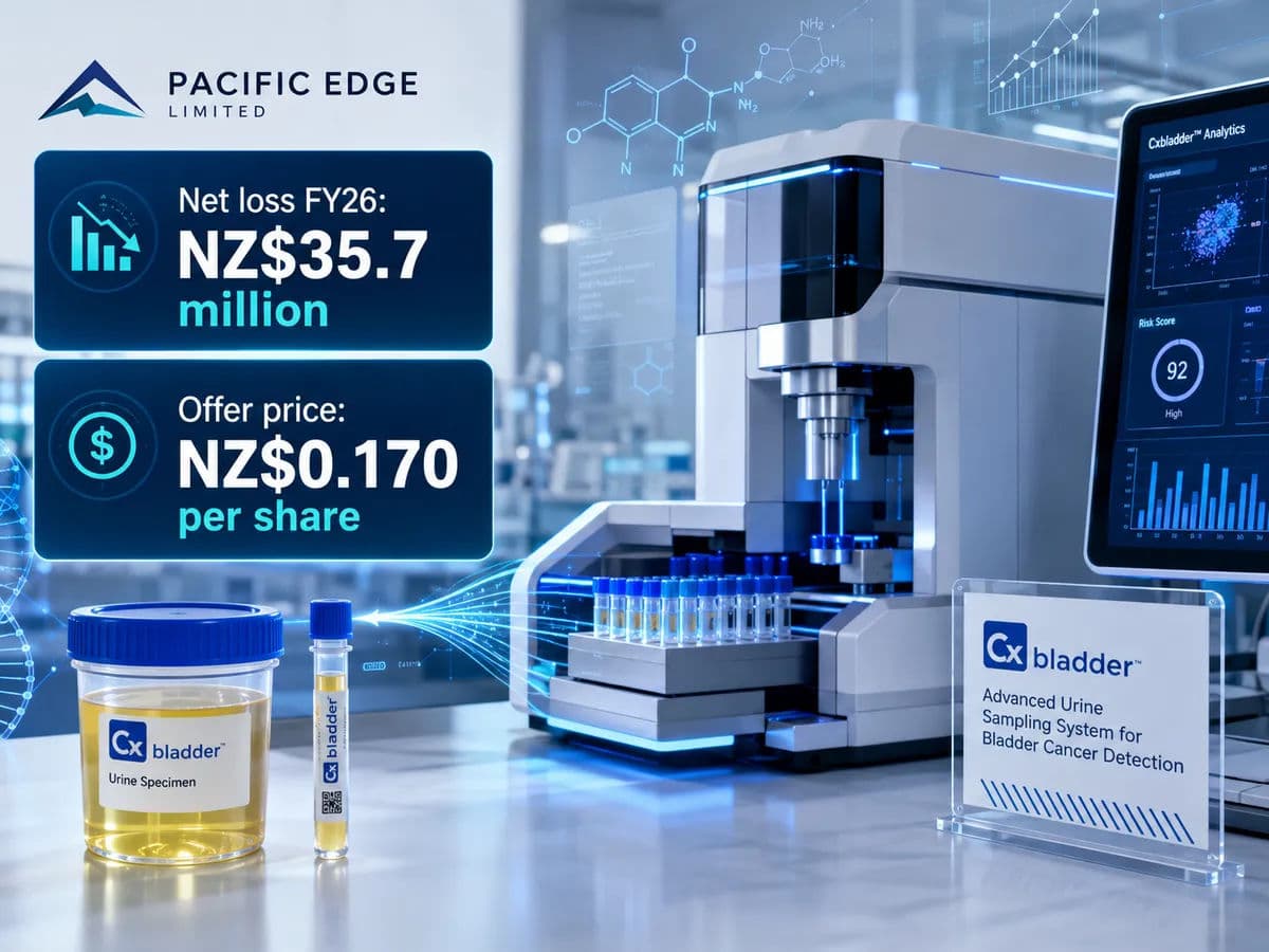 An image of the Cxbladder testing process. Overlaid are financial figures: a net loss of NZ$35.7 million and the new offer price of NZ$0.170 per share.