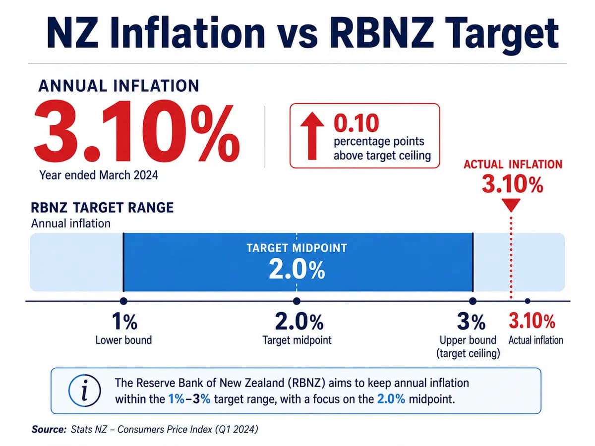 Infographic comparing the current New Zealand annual inflation rate of 3.10% against the Reserve Bank of New Zealand inflation target range of 1-3%.