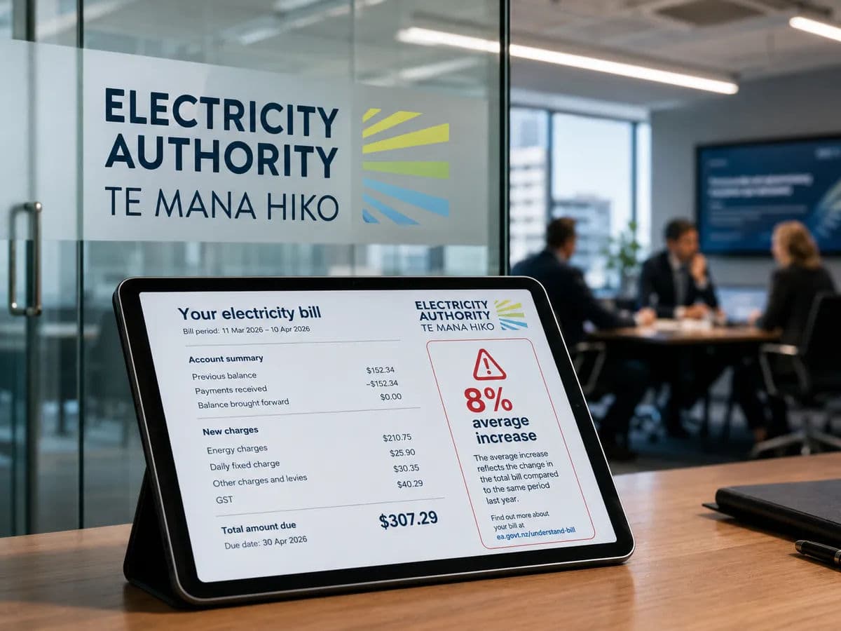 A digital tablet displays a household electricity bill with a prominent '8% average increase' warning.