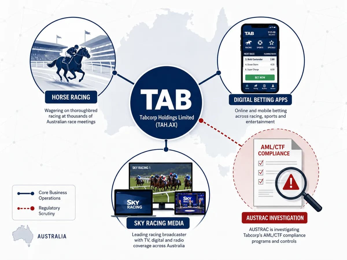 An illustration of the Tabcorp Holdings Limited (TAH.AX) ecosystem. A magnifying glass icon hovers over a document labelled 'AML/CTF Compliance'