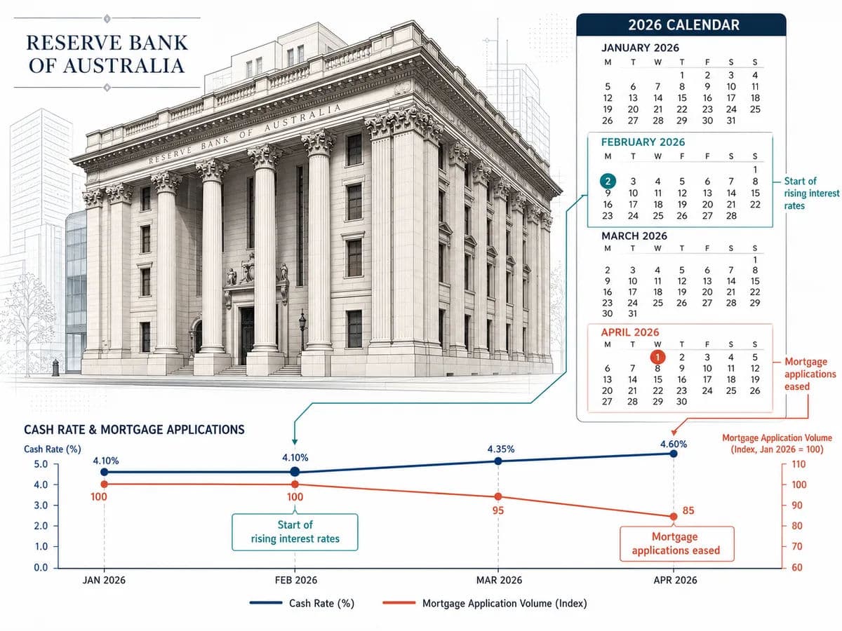 A diagram with a calendar overlay. The calendar highlights the month of February 2026 as the start of rising interest rates and April 2026 as the period where mortgage applications eased.