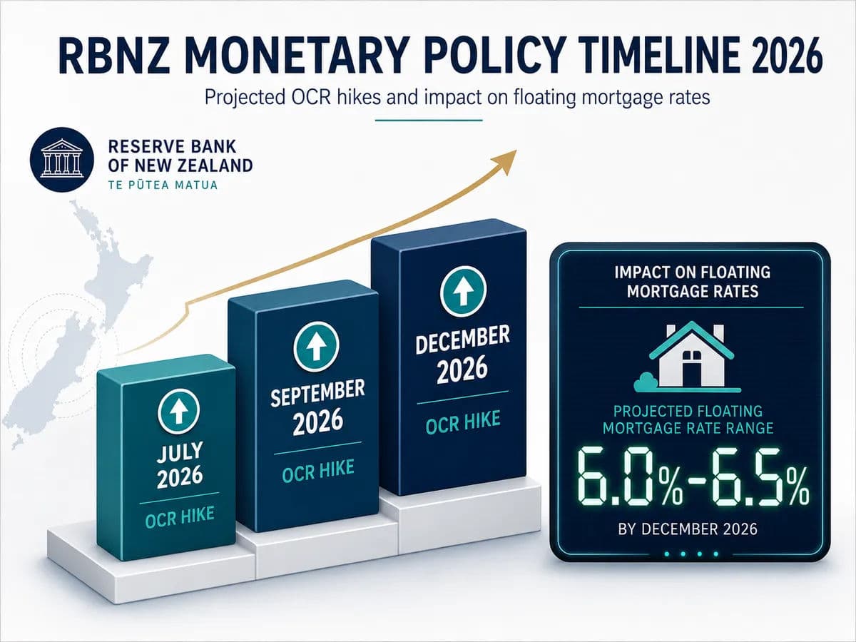 An illustration representing the Reserve Bank of New Zealand (RBNZ) monetary policy timeline for 2026.