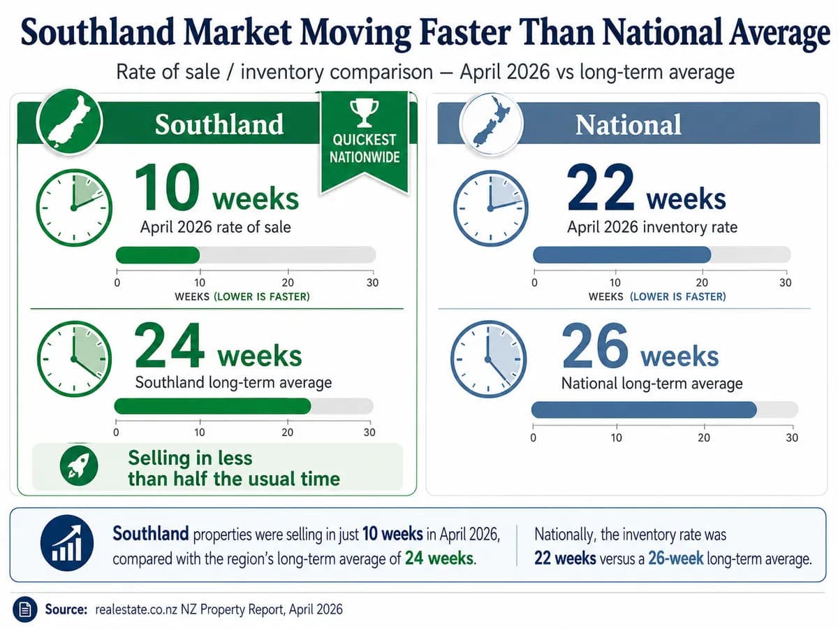 Infographic comparing housing market speed in Southland and New Zealand nationally