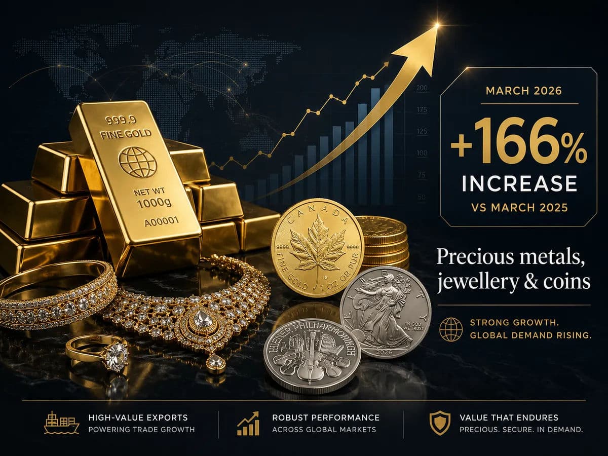 An image of high-value export goods including gold bars, intricate jewellery, and collectible coins and a subtle graphic indicating a 166% increase, representing the growth in this sector for March 2026.