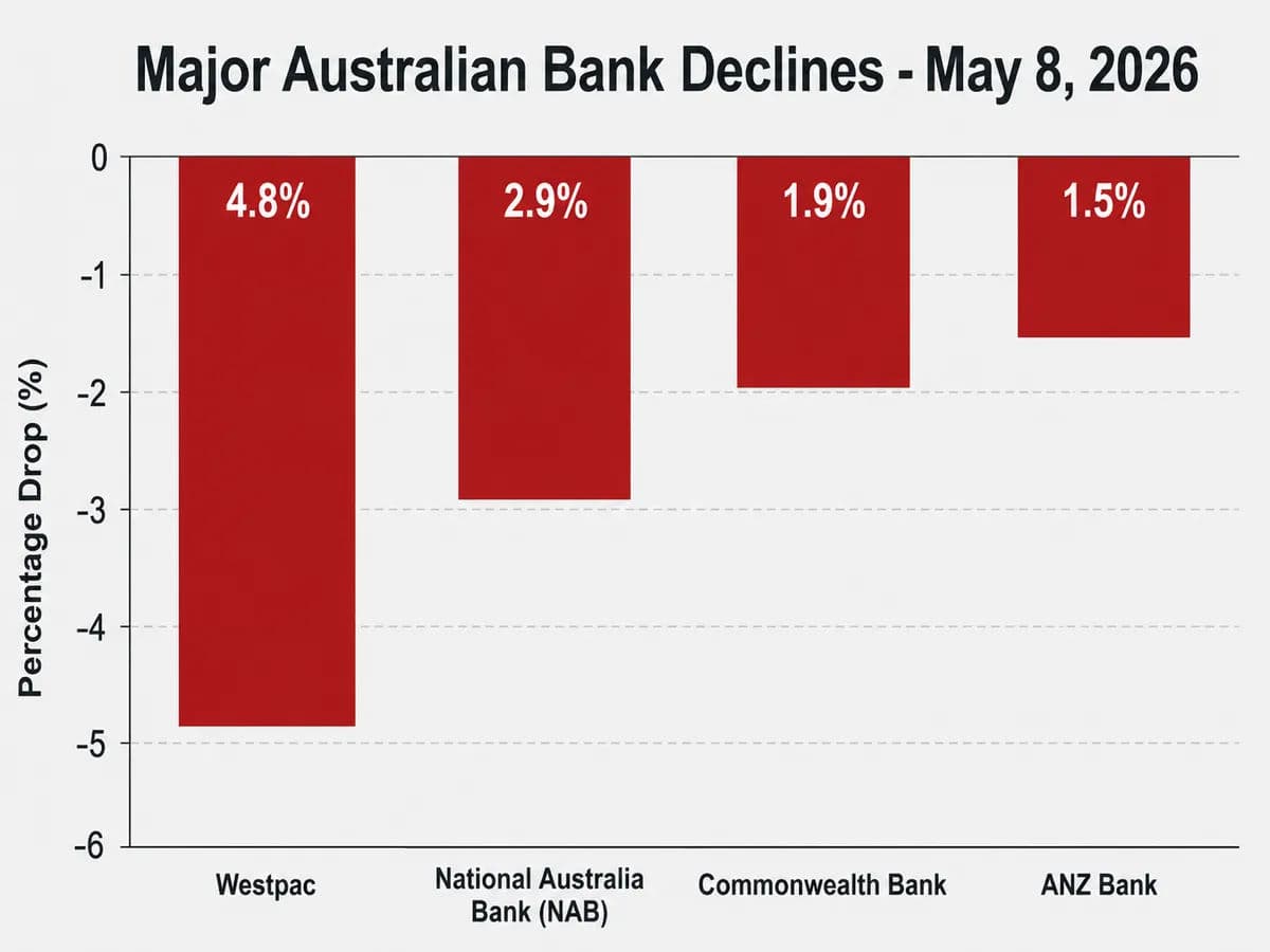 Infographic bar chart titled Major Australian Bank Declines - May 8, 2026.